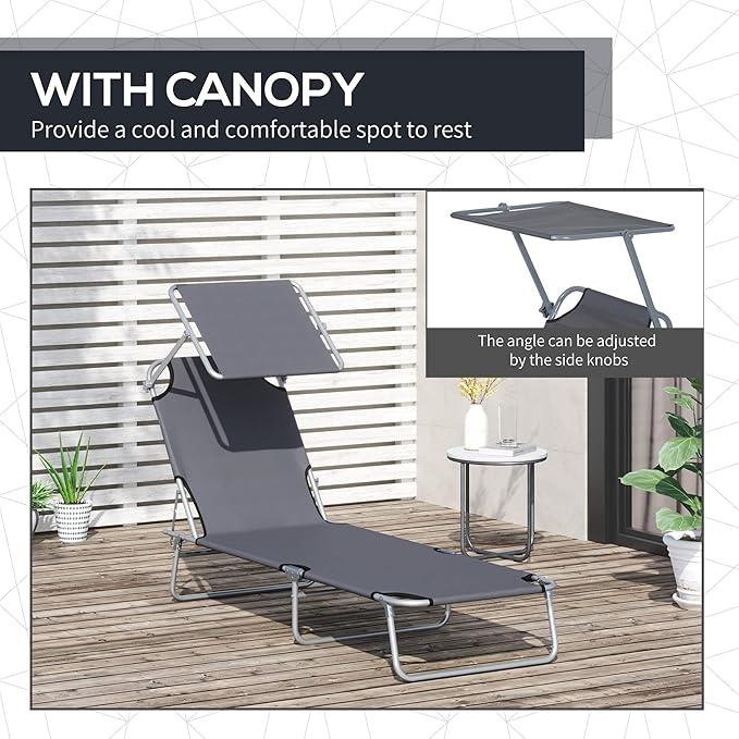 Outsunny Outdoor Lounge Chair, Adjustable Folding Chaise Lounge, Tanning Chair with Sun Shade for Beach, Camping, Hiking - Photo 5