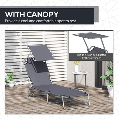 Outsunny Outdoor Lounge Chair, Adjustable Folding Chaise Lounge, Tanning Chair with Sun Shade for Beach, Camping, Hiking, Backyard, Gray