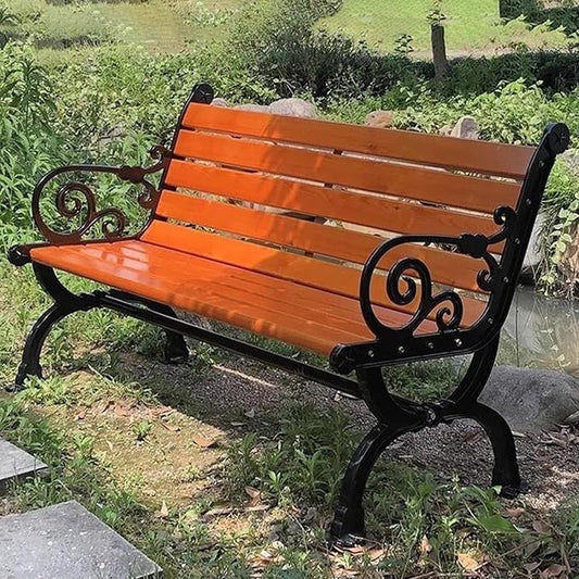 Outdoor Bench, 2-Seater Garden Bench, Metal Bench with Backrest and Armrests, Park Patio Bench with Slatted Wood Seat, for Gardens, Courtyards, Corridor Entrances, Patios(Brown,120cm/47.2in)