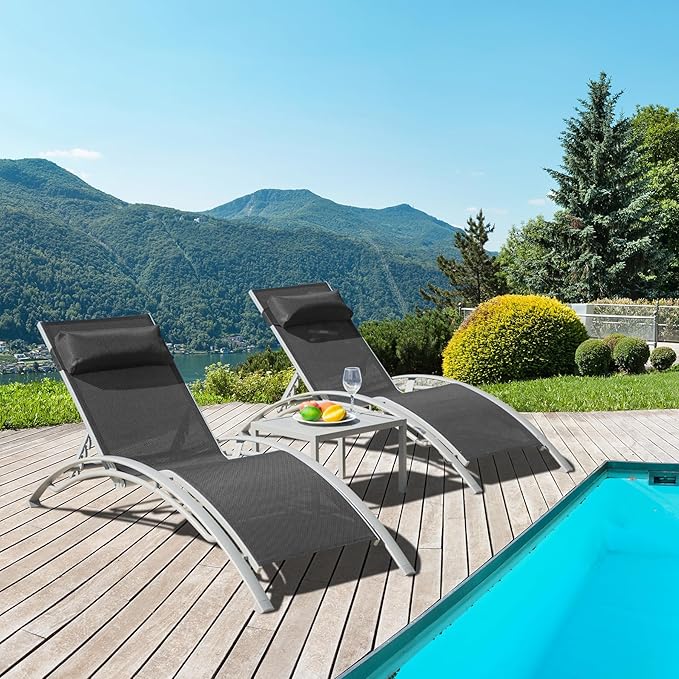 Domi Pool Lounge Chairs Set of 2 with Side Table, Aluminum Adjustable Outdoor Chaise Lounge, All Weather Poolside Chairs for Deck Lawn Poolside, Textilene (Dark Grey)