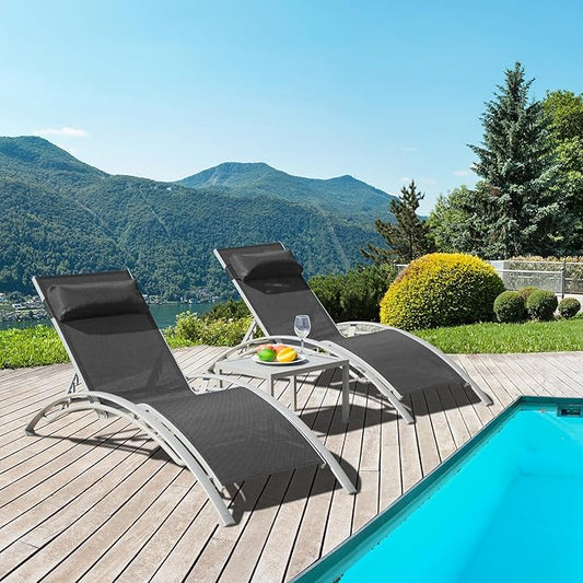 Domi Pool Lounge Chairs Set of 2 with Side Table, Aluminum Adjustable Outdoor Chaise Lounge, All Weather Poolside Chairs for Deck Lawn Poolside, Textilene (Dark Grey)
