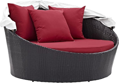 Modway Convene Wicker Rattan Outdoor Patio Retractable Canopy Round Poolside Sofa Daybed in Espresso Red