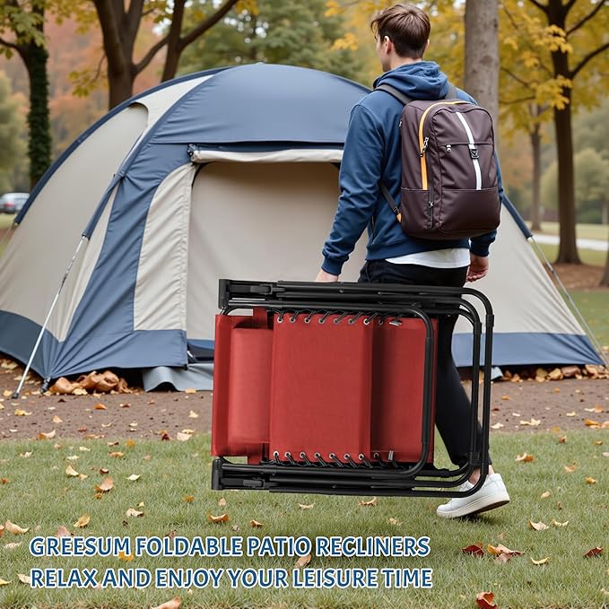 Greesum Zero Gravity Chairs Set of 2 Adjustable Steel Mesh Recliners Beach Deck Lawn Camping Patio Foldable Lounge Chair with Cup Holder Trays and Pillows,Red
