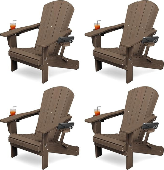 KINGYES Folding Adirondack Chair Set of 4, Dual Cup Holders & All-Weather HDPE, Wood-Like Patio Chair for Backyard, Camping, Pool & Fire Pit, Coffee