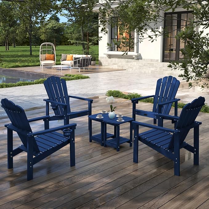 Stackable Adirondack Chair, HDPE All-Weather Adirondack Chairs - Durable and Space Saving, Plastic Outdoor Fire Pit Chairs with Cup Holder,Navy Blue