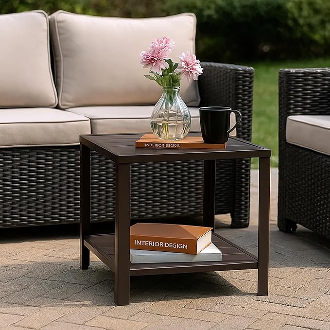 NATURAL EXPRESSIONS Outdoor Coffee Table Patio Metal Table All Weather Backyard Conversation, 20 inches, for Balcony, Poolside, Deck, Garden, Indoor, Ootdoor, Brown.