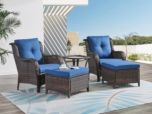 HUMMUH 5 Pieces Patio Bistro Set Wicker Patio Chairs Set of 2 with Ottomans and Side Table Rattan Outdoor Furniture Conversation Set for Yard,Garden,Porch…