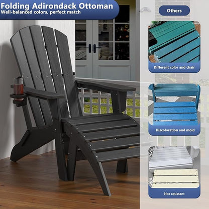 Plawdlik Folding Ottoman for Adirondack Chair–HDPE All-Weather Footrest for Outdoor Use, Garden & Poolside– Anti-Cracking, Fade-Resistant, Easy Assembly–Black
