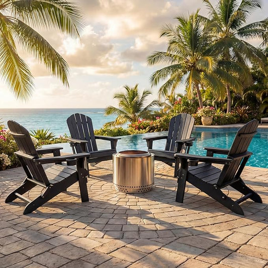 JEKO&JEKO Folding Adirondack Chairs Set of 4, All-Weather Outdoor Chair with Cup Holder, Plastic Adirondack Chair for Patio, Garden, Lawn, Porch, Deck, Backyard – Black