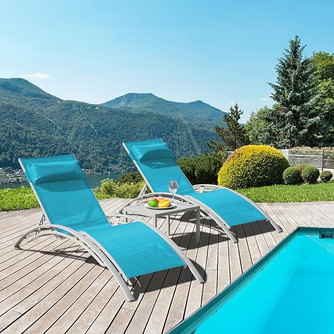 Domi Pool Lounge Chairs Set of 2 with Side Table, Aluminum Adjustable Outdoor Chaise Lounge - Photo 1