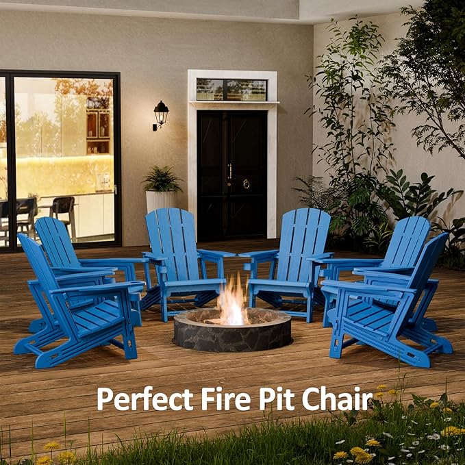 FONTOI Adirondack Chair, Outdoor Weather Resistant Lawn Furniture, Plastic Adirondack Chair with Cup Holder, 400 LBS Capacity Recliner, Garden Backyard Patio Without Screws Install,Set of 2 Klein Blue