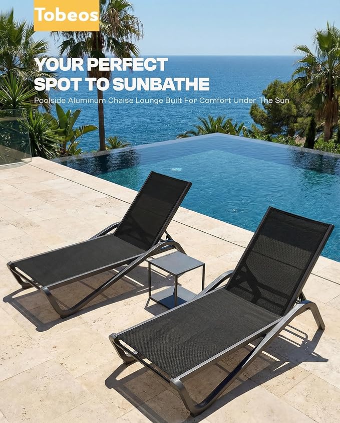 Outdoor Chaise Lounge Chair Set of 2 with Side Table, 5-Position Adjustable Patio Lounge Chair with Aluminum Frame, Textilene Fabric Pool Loung Chairs for Poolside, Deck, Backyard (Black)