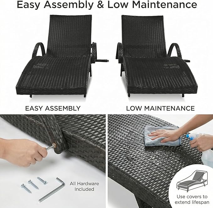 Wicker Outdoor Lounge Chairs with Pull Out Side Table, Pool Lounge Chairs Set of 6, Rattan Outdoor Lounger, Adjustable Backrest Patio Chaise Lounges for Garden, Backyard, Tanning Chair, Black