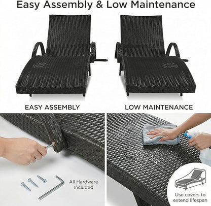 Wicker Outdoor Lounge Chairs with Pull Out Side Table, Pool Lounge Chairs Set of 4, Rattan Outdoor Lounger, Adjustable Backrest Patio Chaise Lounges for Garden, Backyard, Tanning Chair, Black