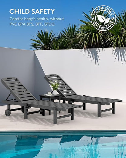 SERWALL Outdoor Chaise Lounge Set of 8, HDPE Pool Lounge Chairs with 5-Position Adjustable Backrest, Patio Loungers with Rolling Wheels & Cup Holder for Pool Sunbathing, Grey