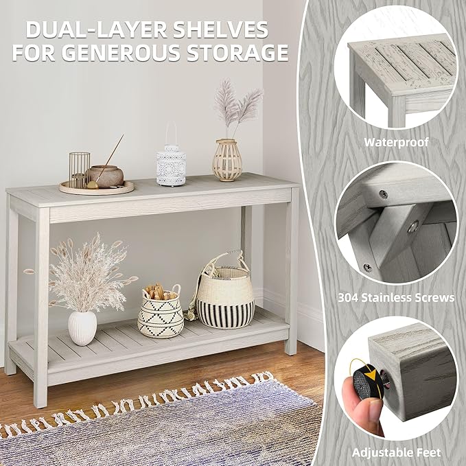 DWVO 48" Console Table, HIPS Material Indoor Outdoor Multifunctional Buffet Bar Storage Organizer with Adjustable Feet (Grey)