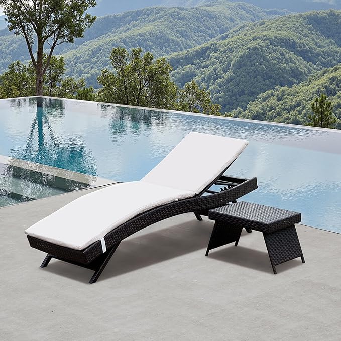 Patio Chaise Lounge 1 Foldable Chair with Detachable Cushion + 1 Table, Outdoor Rattan Adjustable Back Patio Folding Chaise Lounge and Coffee Table, Chaise Lounge Sunbathing Recliner and Side Table