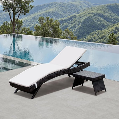 Patio Chaise Lounge 1 Foldable Chair with Detachable Cushion + 1 Table, Outdoor Rattan Adjustable Back Patio Folding Chaise Lounge and Coffee Table, Chaise Lounge Sunbathing Recliner and Side Table