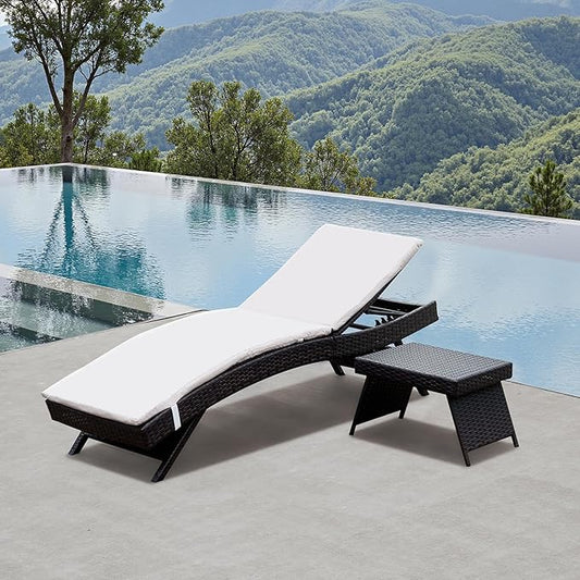 Patio Chaise Lounge 1 Foldable Chair with Detachable Cushion + 1 Table, Outdoor Rattan Adjustable Back Patio Folding Chaise Lounge and Coffee Table, Chaise Lounge Sunbathing Recliner and Side Table
