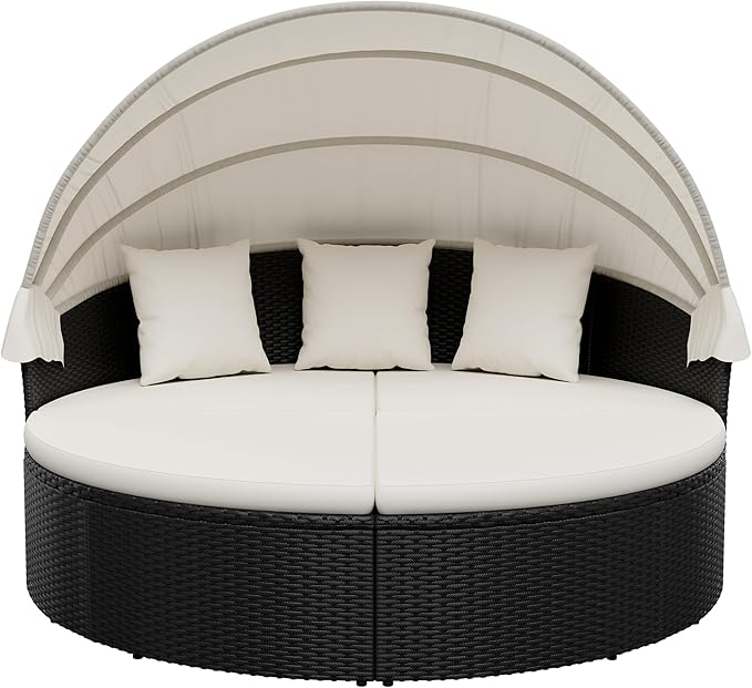 Homall Patio Outdoor Daybed with Retractable Canopy, Rattan Wicker Sectional Seating with Washable Cushions for Patio Backyard Porch Round Daybed Separated Seating (Beige)