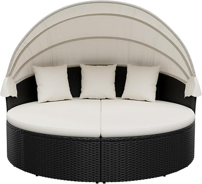 Homall Patio Outdoor Daybed with Retractable Canopy, Rattan Wicker Sectional Seating with Washable Cushions for Patio Backyard Porch Round Daybed Separated Seating (Beige)
