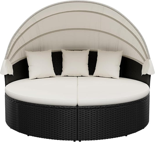 Homall Patio Outdoor Daybed with Retractable Canopy, Rattan Wicker Sectional Seating with Washable Cushions for Patio Backyard Porch Round Daybed Separated Seating (Beige)