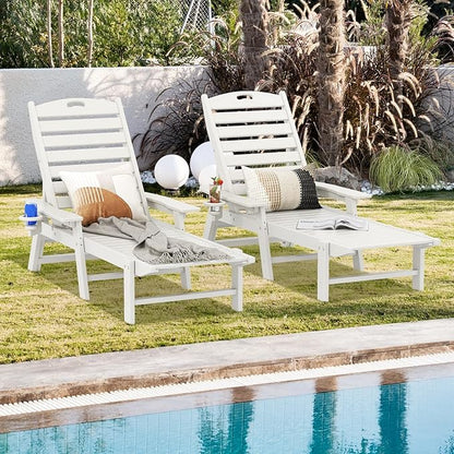 Giantex Adjustable Chaise Lounges Outdoor - Set of 2 Patio HDPE Reclining Chairs Outdoor Recliners W/ 4-Position Backrest, Movable Cup Holder, Chaise Lounge Chairs for Outdoor (2, White)