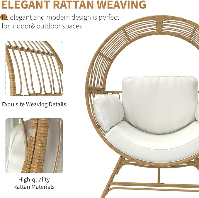 Fancyango Egg Chair Outdoor Indoor, Oversized Rattan Chair with Thicken Cushion, 350LBS Capacity Wicker Patio Lounge Chair, Basket Chair for Living Room Balcony Porch Backyard, Beige