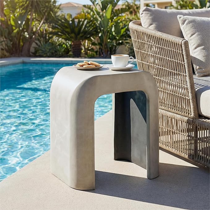 HOMPUS Outdoor Side Table w U-Shaped, Concrete Side Table Lightweight, Round Patio MgO Coffee End Table, Modern Accent Vintage Garden Stand for Indoor Outdoor Use, Grey