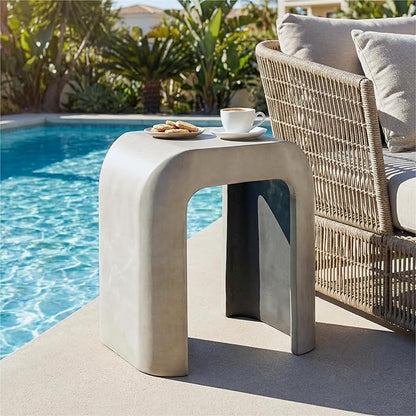 HOMPUS Outdoor Side Table w U-Shaped, Concrete Side Table Lightweight, Round Patio MgO Coffee End Table, Modern Accent Vintage Garden Stand for Indoor Outdoor Use, Grey