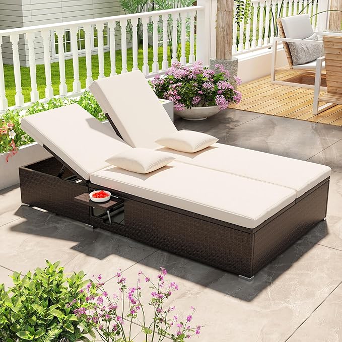 RELAX4LIFE Rattan Outdoor Patio Daybed - Wicker Double Chaise Lounge Chair w/6-Position Backrest, 2 Folding Side Trays - Photo 2