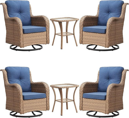 Rilyson Patio Chairs Wicker Outdoor Chair - 6 Piece Rattan Patio Swivel Rocking Chairs Set with Glass Top Side Table for Porch Deck Backyard(Yellow/Blue)