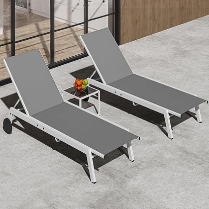 YITAHOME Outdoor Chaise Lounge Chairs Set of 3, Pool Loungers with Side Table, 5-Position Adjustable Backrest,Textile Fabric, and Wheels for Pool Beach Patio Lawn Porch - Light Grey