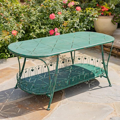 Zaer Ltd. Vintage Style Metal Patio Furniture with Heart Design Accents, Outdoor/Indoor Decor (Antique Green, Set of 3 (Bench, Table, Chair))
