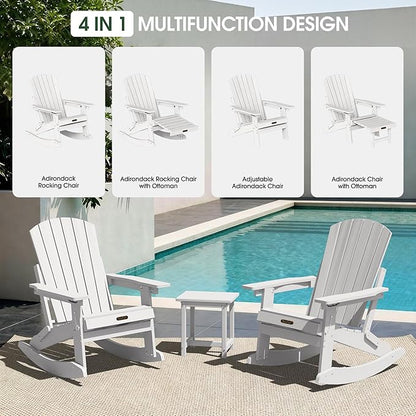 Adirondack Rocking Chair with Retractable Ottoman, 4-in-1 Foldable Reclining Patio Chair, HDPE Wood-Look Outdoor Rocker for Porch, Garden & Poolside, White