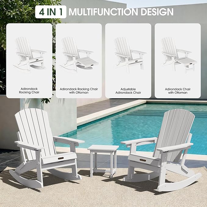 Adirondack Rocking Chair with Retractable Ottoman Set of 2, 4-in-1 Foldable Reclining Patio Chair, HDPE Wood-Look Outdoor Rocker for Porch, Garden & Poolside, White