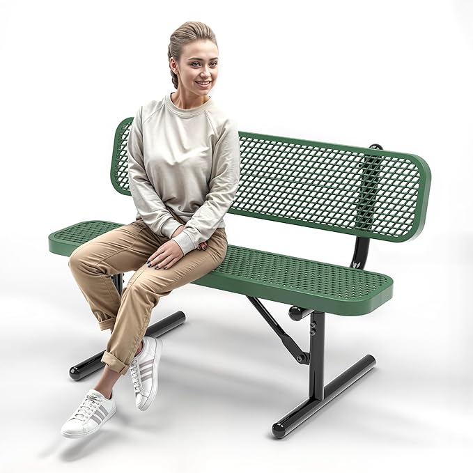 Heavy-Duty Outdoor Metal Bench, Thermoplastic-Coated, Portable, Weatherproof, Commercial-Grade for Parks, Gardens, Patios, Stores & More (4 Ft - Portable with Back, Green)