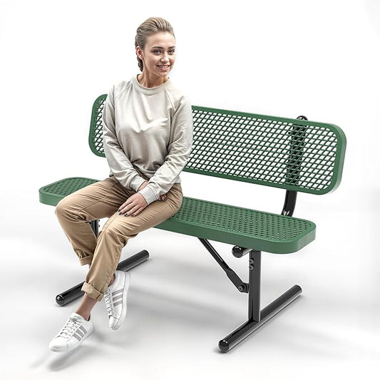 Heavy-Duty Outdoor Metal Bench, Thermoplastic-Coated, Portable, Weatherproof, Commercial-Grade for Parks, Gardens, Patios, Stores & More (4 Ft - Portable with Back, Green)