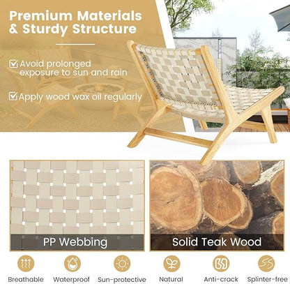 Tangkula Teak Wood Patio Dining Chair Set of 4, Outdoor Wooden Mid-Century Accent Armless Chair w/Webbing Seat & Backrest, for Living Room, Balcony, Porch, Backyard, Lawn, Poolside, Garden, Deck