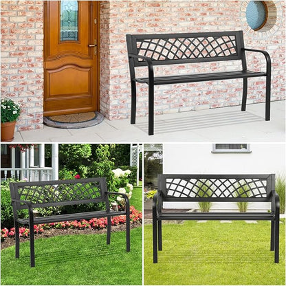 YRLLENSDAN Outdoor Bench 45in Metal Garden Bench All Weather Patio Bench for Outdoors with Backrest and Armrest for Patio, Park, Lawn, Deck w/Mesh Pattern Accent, Antique Finish - Black
