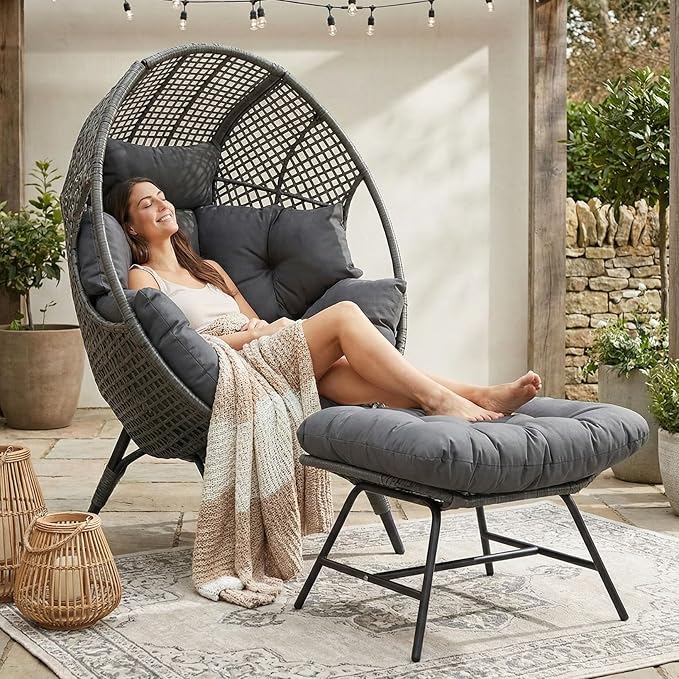 NICESOUL® Outdoor Wicker Egg Chair, Comfortable Eggshell Lounger w/Ottoman, XL Large Giant Round Patio Chair 440lbs - Photo 3