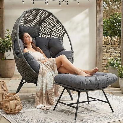 NICESOUL Patio Egg Chair with Ottoman, Indoor Outdoor Egg-Shell Lounge Chair, Cozy Oversized Round Circle Chair, Boho Rattan Egg-Shaped w/Cushion for Living Room, Balcony, Porch, Gray