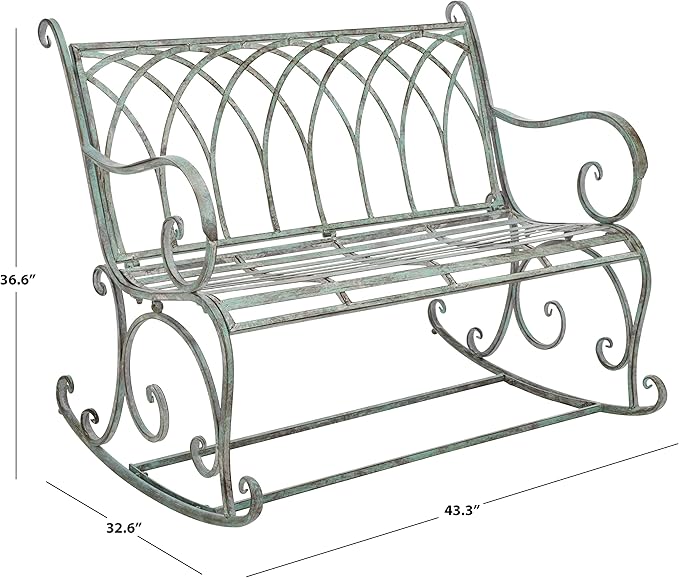 SAFAVIEH Outdoor Collection Ressi Victorian Antique Dark Green Wrought Iron Rock Bench - Photo 3