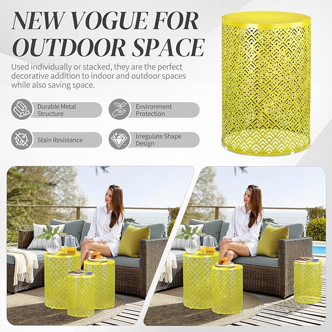 Outvita Outdoor Nesting Tables Set of 3, Heavy Duty Metal Frame Accent Modern End Table, Portable Side Table for Indoor, Outdoor, Living Room, Meander Pattern - Yellow