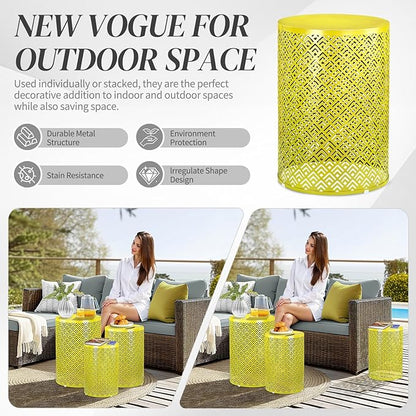 Outvita Outdoor Nesting Tables Set of 3, Heavy Duty Metal Frame Accent Modern End Table, Portable Side Table for Indoor, Outdoor, Living Room, Meander Pattern - Yellow