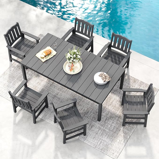 Stoog All-Weather Patio Dining Sets, 7 Pieces Patio Dining Table with Umbrella Hole - Photo 1