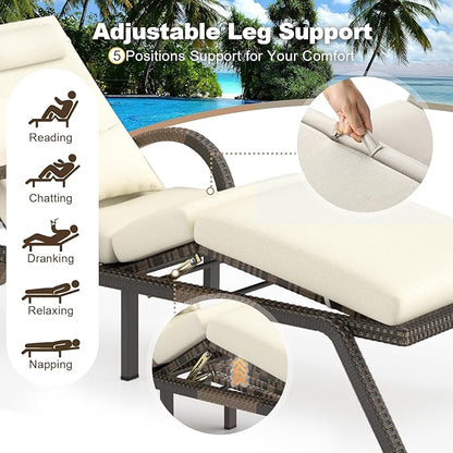 MEISSALIVVE Outdoor Lounge Chairs Set of 4, Patio Chaise Loungers with Adjustable 5-Position & Leg Support, PE Rattan Chaise Lounge, Wicker Pool Recliners Chair for Backyard, Porch, Deck, （Brown