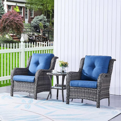 HUMMUH 3 Pieces Patio Bistro Set Wicker Patio Chairs Set of 2 with Tempered Glass Top Side Table Rattan Outdoor Furniture Conversation Set for Yard,Garden,Porch