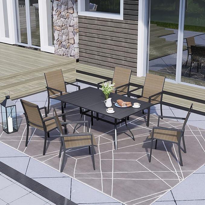Patio Dining Table for 6 Person, Outdoor Metal 63x38 Inch Rectangle Table with 1.57" Umbrella Hole for Garden Lawn Backyard Poolside Parties, Black