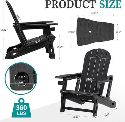 JY QAQA Outdoor Adirondack Chair Set of 2, All-Weather HDPE Patio Furniture with Detachable Table, Wood Texture & Cup Holder for Patio, Poolside, Garden, Black